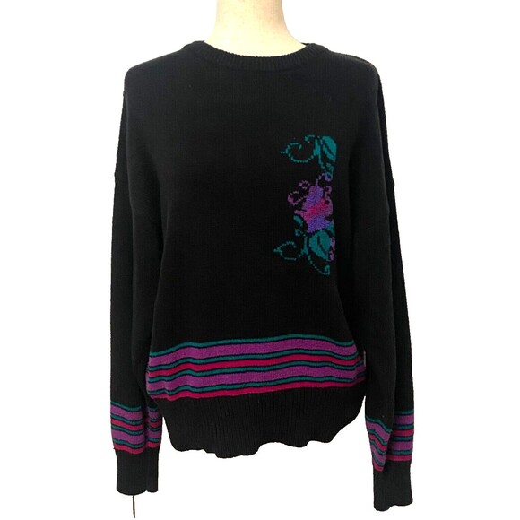 York Fair Sweaters - Vtg YORK FAIR Women's L Knit Crew Neck Sweater Black Purple Floral Wool Blend